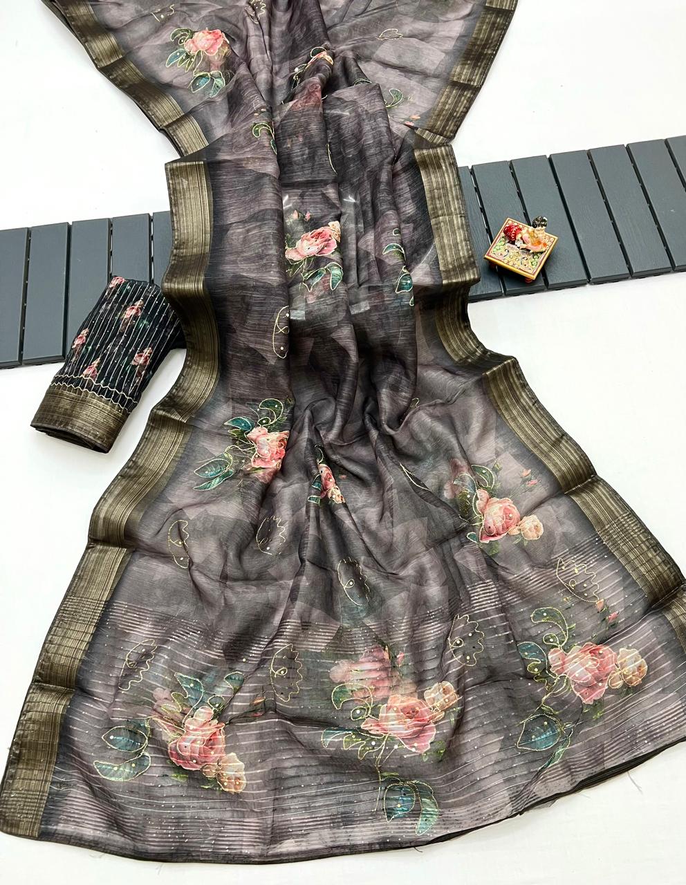 Elegant Charcoal Garden Organza Cotton Silk Saree for Women