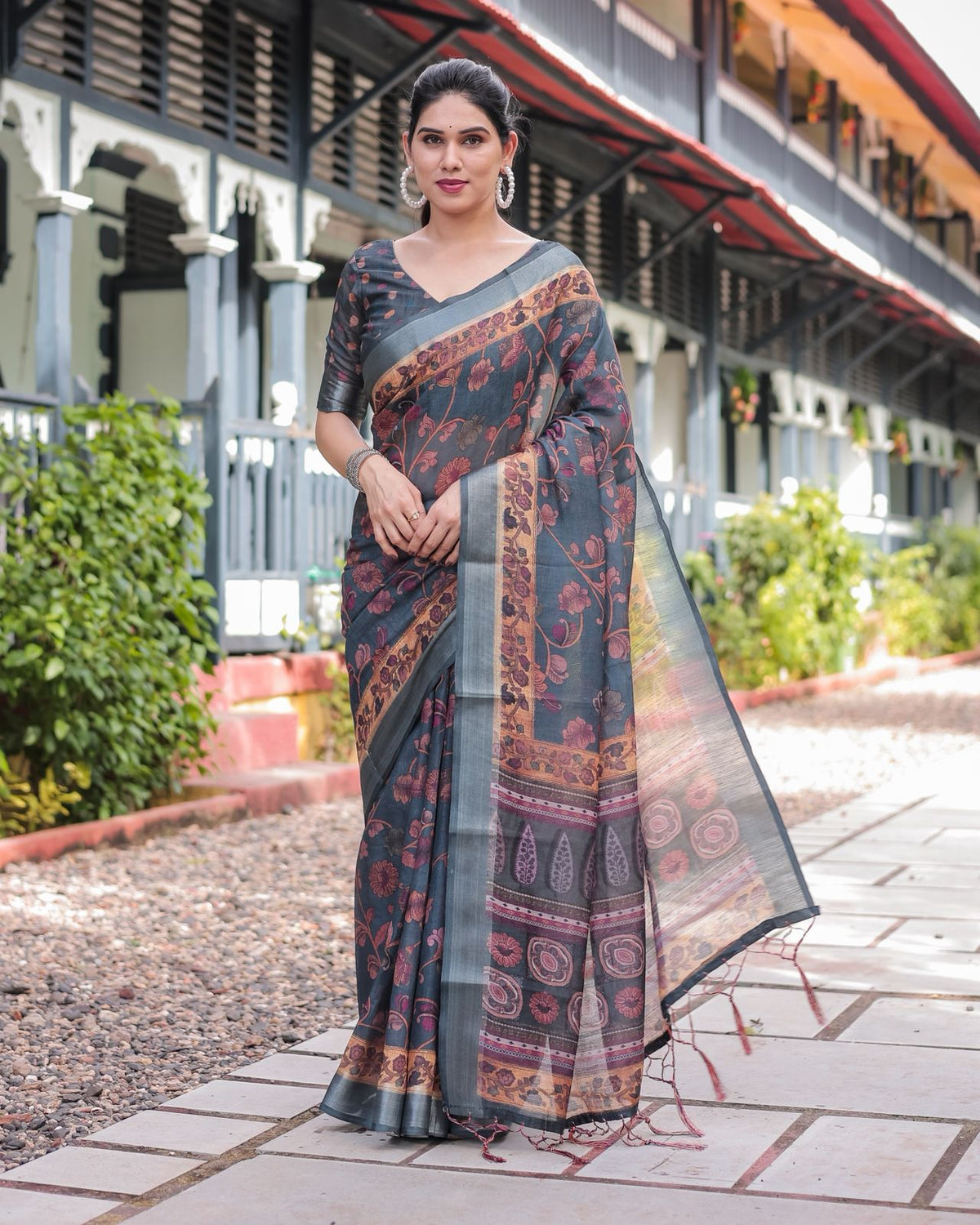 Charcoal Grey Linen Saree with Floral Print for Women