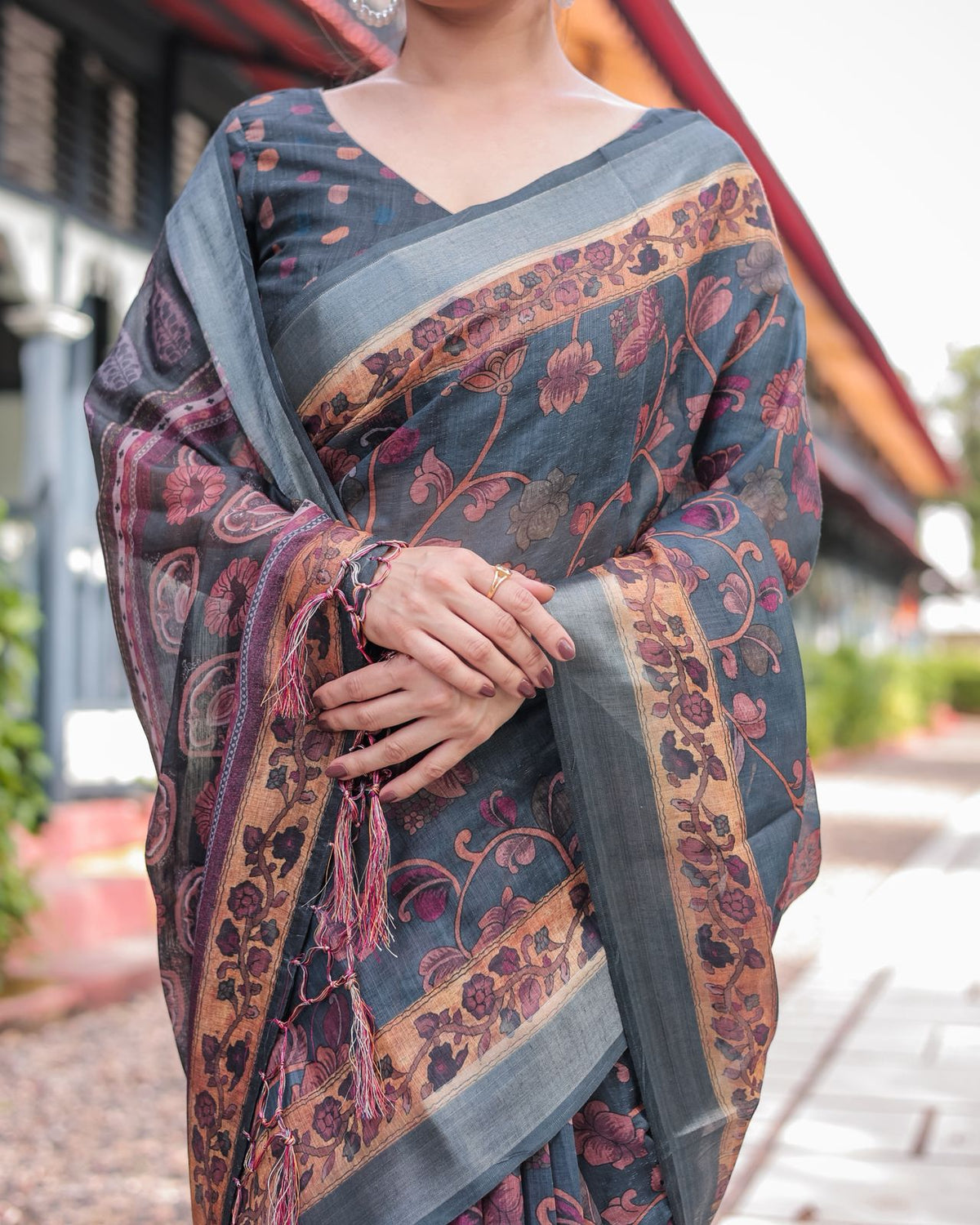 Charcoal Grey Linen Saree with Floral Print for Women