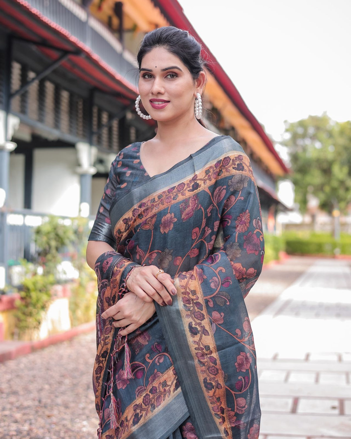 Charcoal Grey Linen Saree with Floral Print for Women