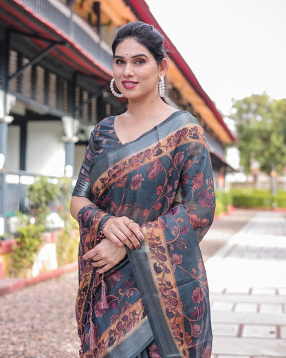 Charcoal Grey Linen Saree with Floral Print for Women