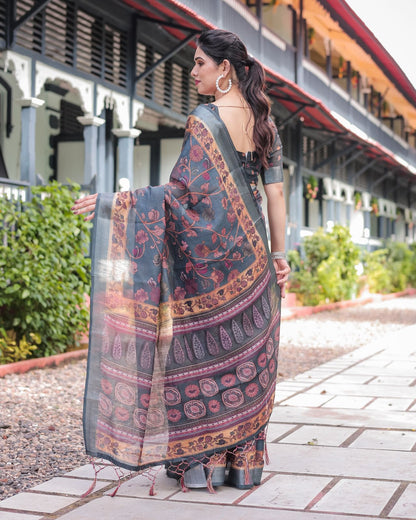 Charcoal Grey Linen Saree with Floral Print for Women