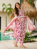 Chic Red Floral Silk Kurta Pant Dupatta Set for Women