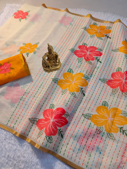 Chikoo Floral Linen Digital Print Saree with Blouse for Women