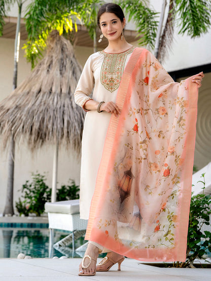 Chiku Embroidered Kurti Pant Dupatta Set for Women