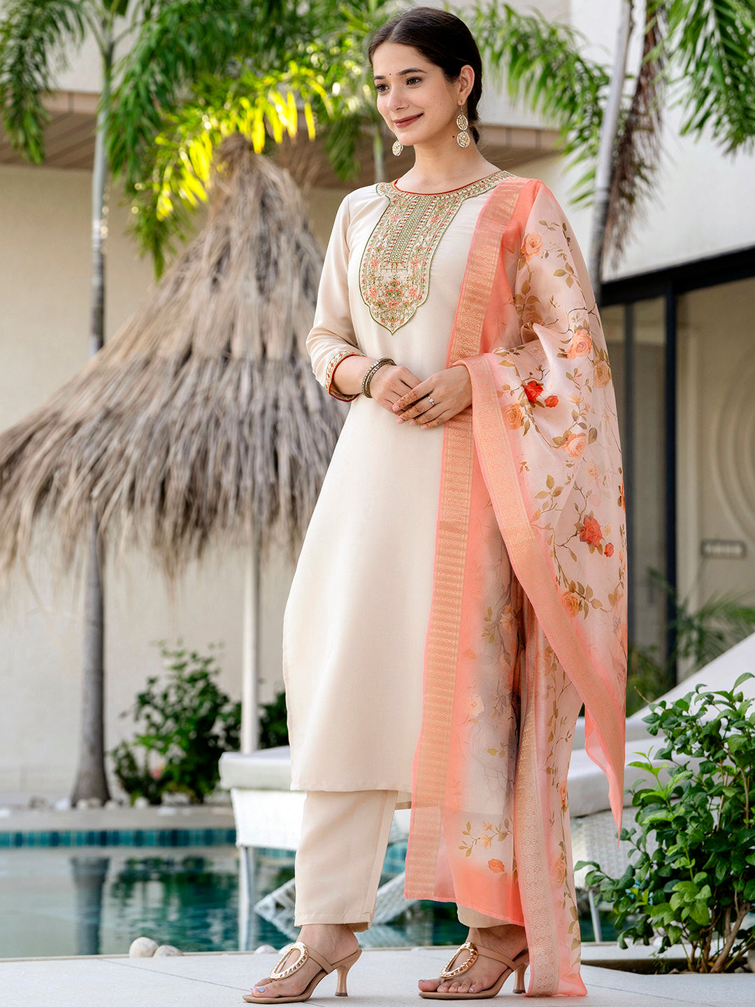 Chiku Embroidered Kurti Pant Dupatta Set for Women