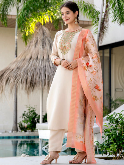 Chiku Embroidered Kurti Pant Dupatta Set for Women
