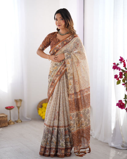 Classic Beige &amp; Coffee Brown Printed Cotton Saree for Women