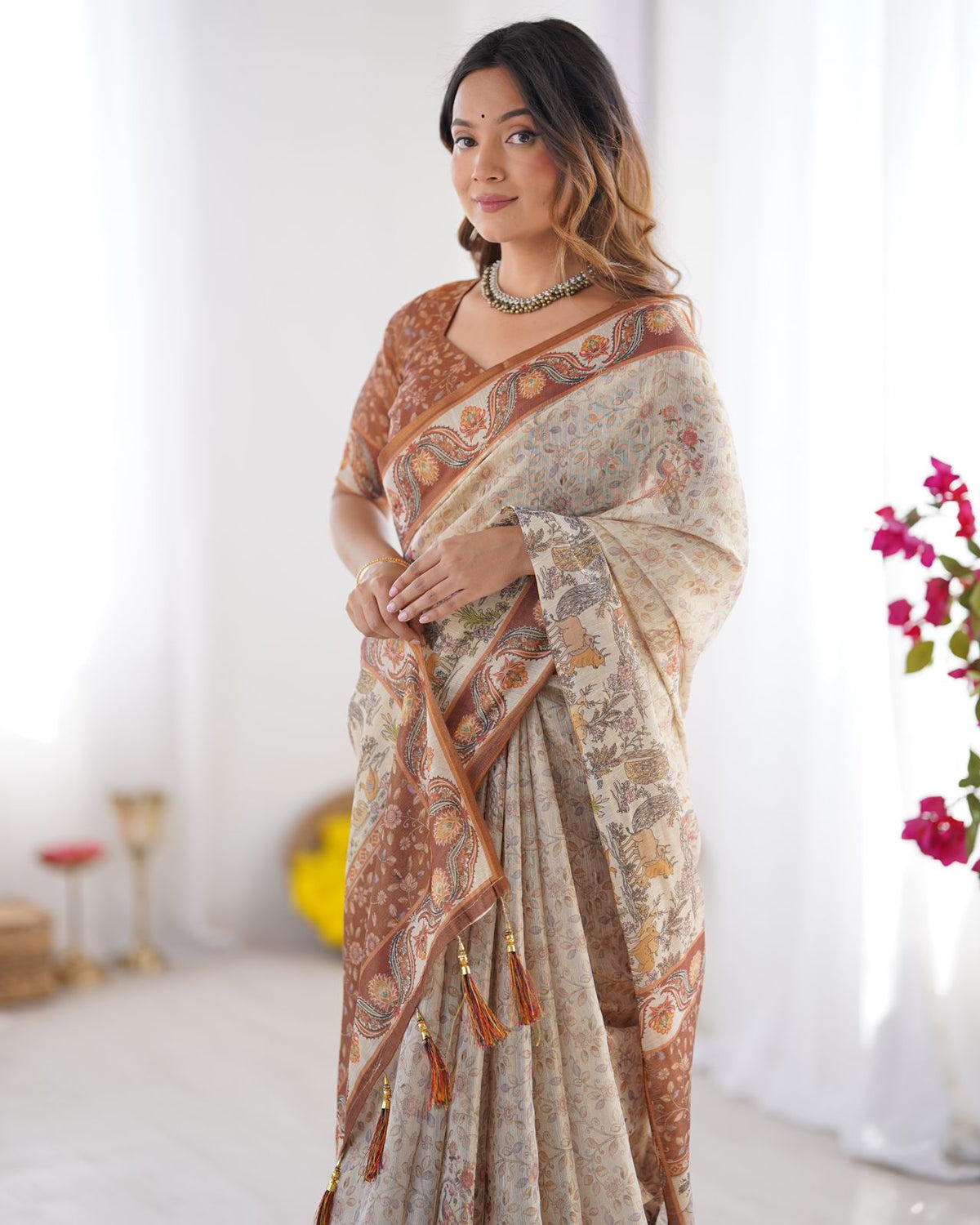 Classic Beige &amp; Coffee Brown Printed Cotton Saree for Women