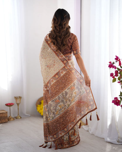 Classic Beige &amp; Coffee Brown Printed Cotton Saree for Women