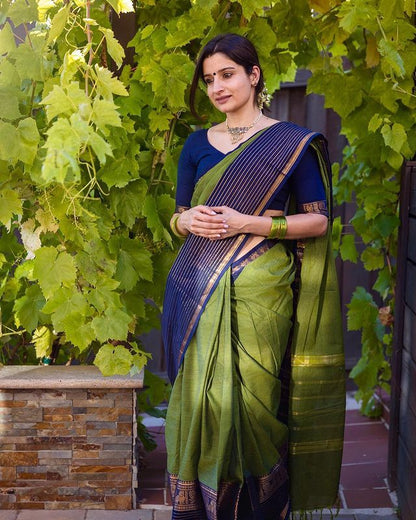 Classy Olive and Navy Banarasi Silk Saree with Elegant Zari Look
