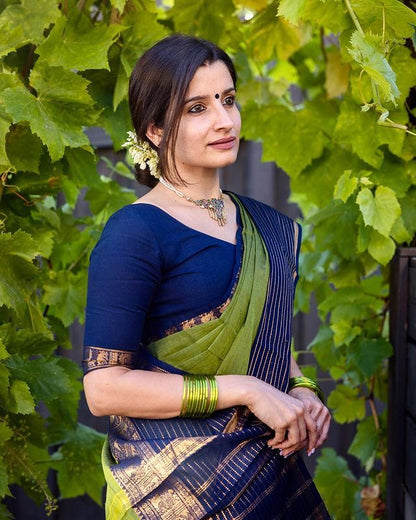 Classy Olive and Navy Banarasi Silk Saree with Elegant Zari Look