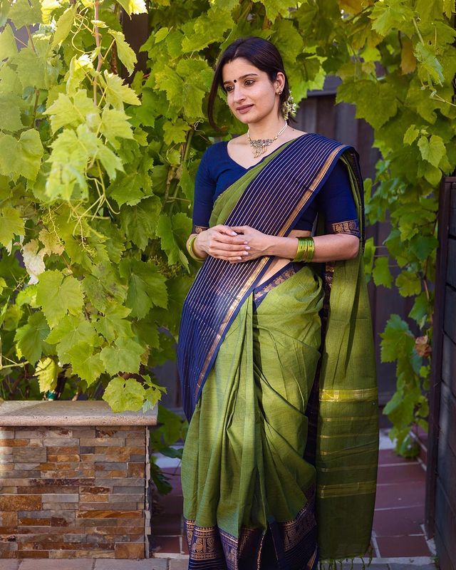 Classy Olive and Navy Banarasi Silk Saree with Elegant Zari Look