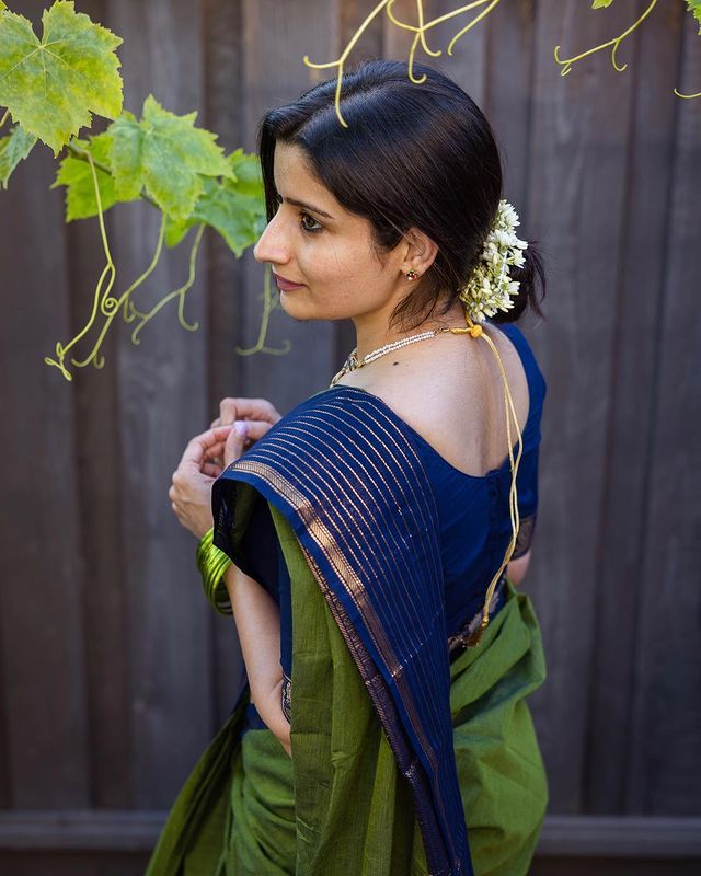 Classy Olive and Navy Banarasi Silk Saree with Elegant Zari Look
