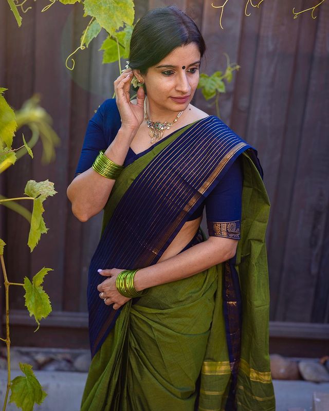 Classy Olive and Navy Banarasi Silk Saree with Elegant Zari Look