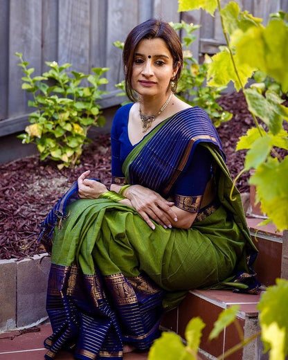 Classy Olive and Navy Banarasi Silk Saree with Elegant Zari Look