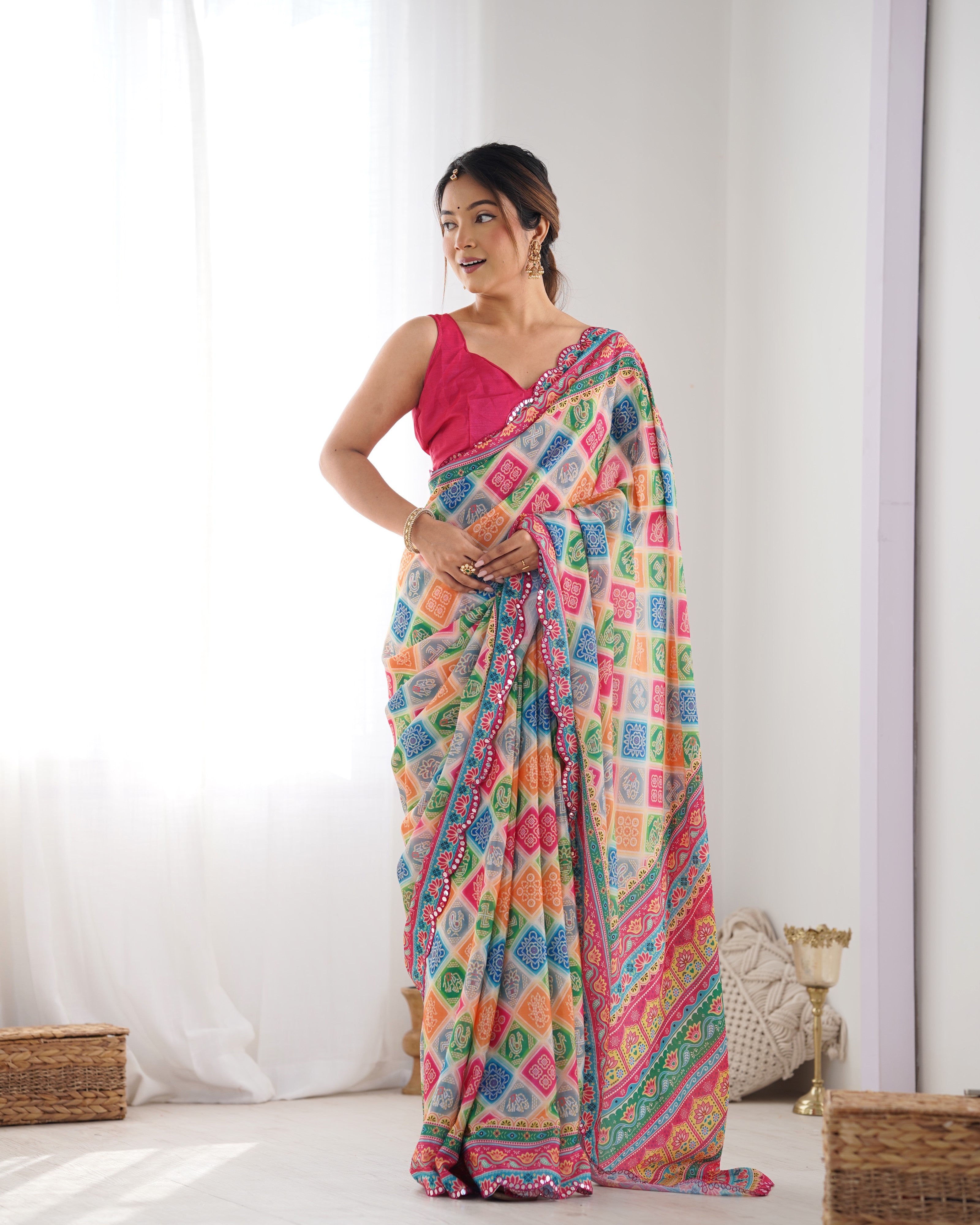Colorful Ethnic Chinon Saree for Women