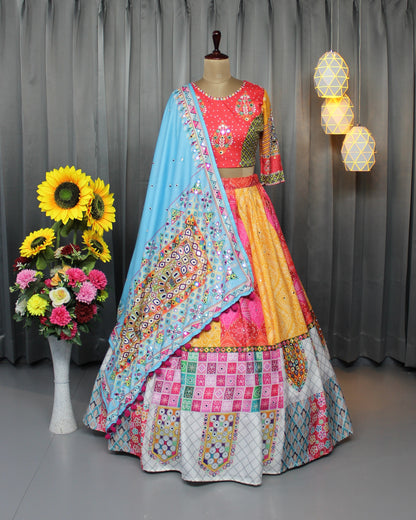 Colorful Patch Print Butter Silk Lehenga Choli Set for Women