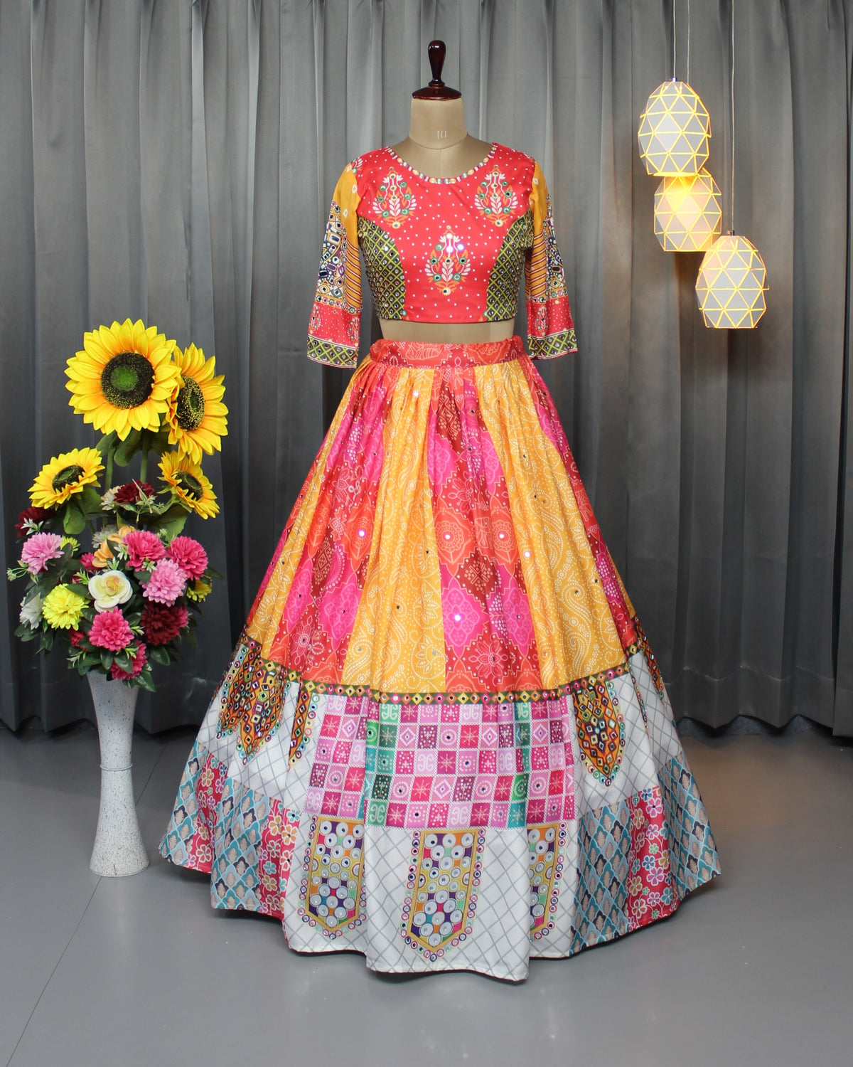 Colorful Patch Print Butter Silk Lehenga Choli Set for Women