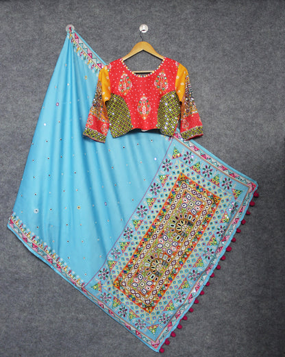 Colorful Patch Print Butter Silk Lehenga Choli Set for Women
