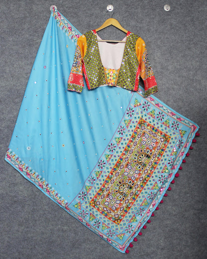 Colorful Patch Print Butter Silk Lehenga Choli Set for Women