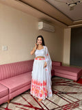 Coral Bloom White Georgette Lehenga Set
