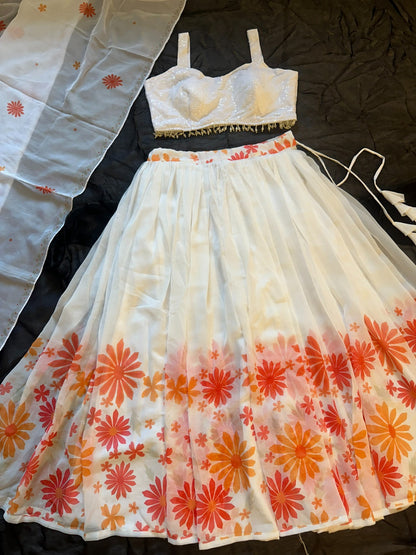 Coral Bloom White Georgette Lehenga Set for Women