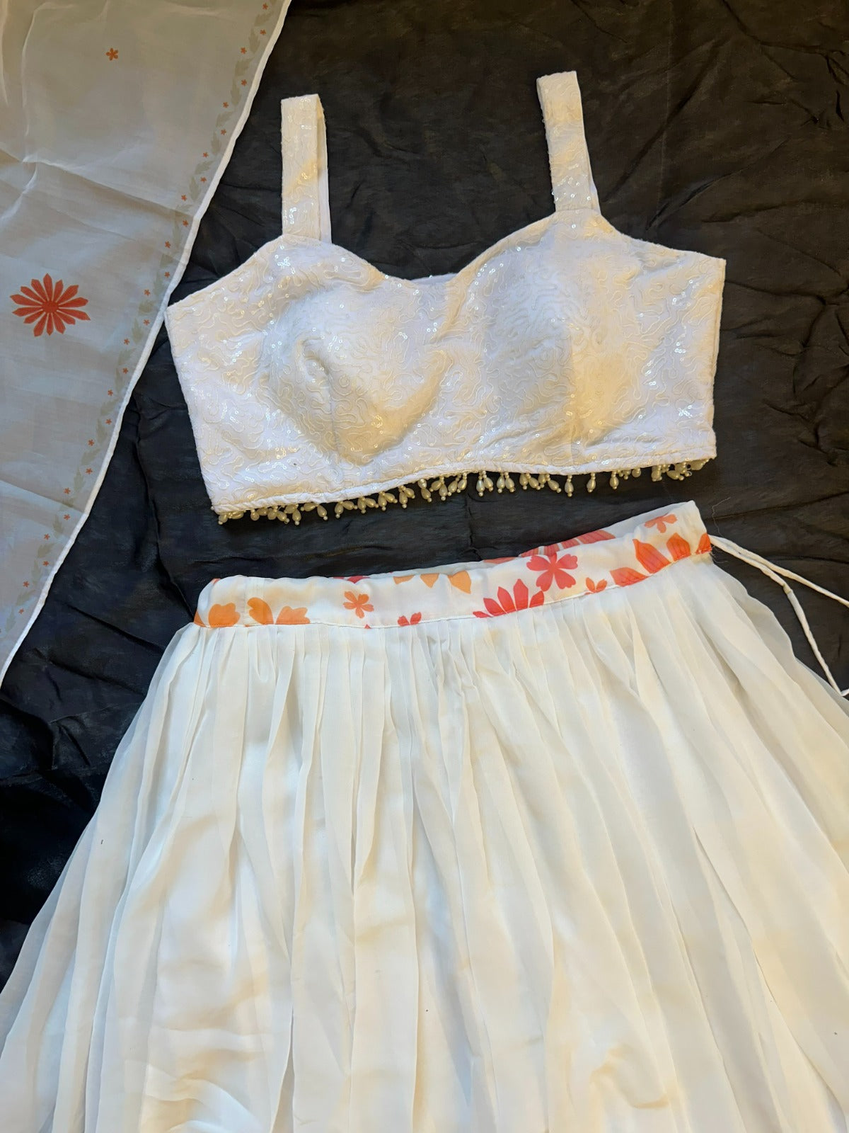 Coral Bloom White Georgette Lehenga Set for Women
