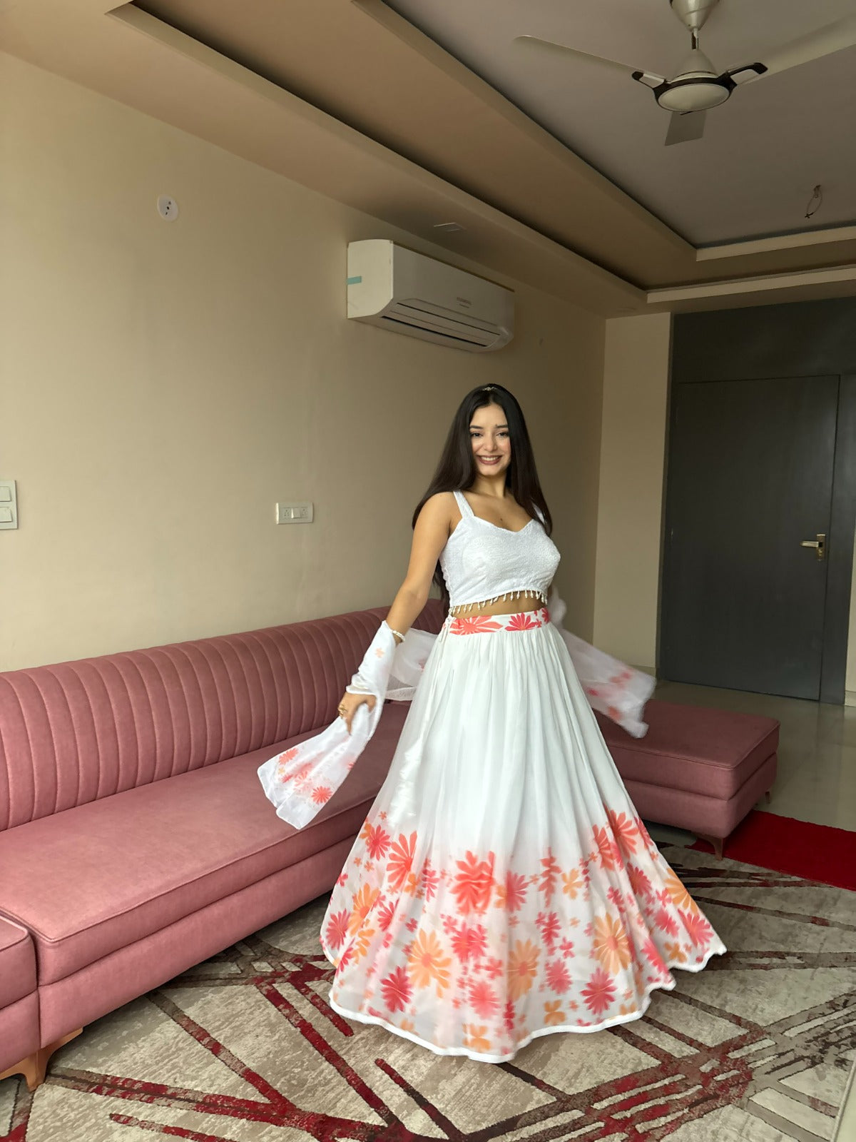 Coral Bloom White Georgette Lehenga Set for Women