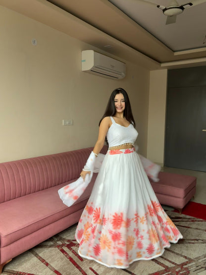 Coral Bloom White Georgette Lehenga Set for Women