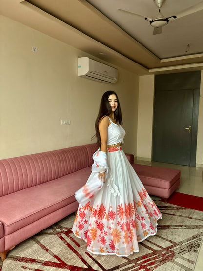 Coral Bloom White Georgette Lehenga Set for Women