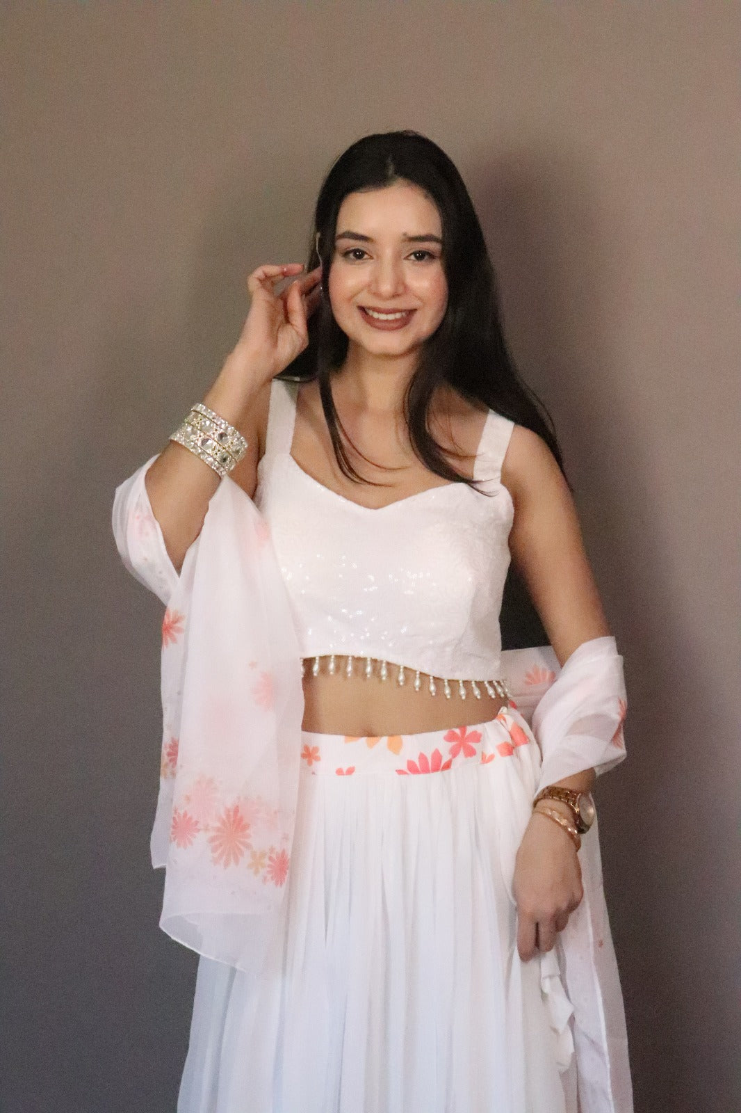 Coral Bloom White Georgette Lehenga Set for Women