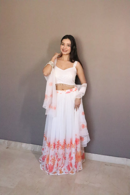Coral Bloom White Georgette Lehenga Set for Women