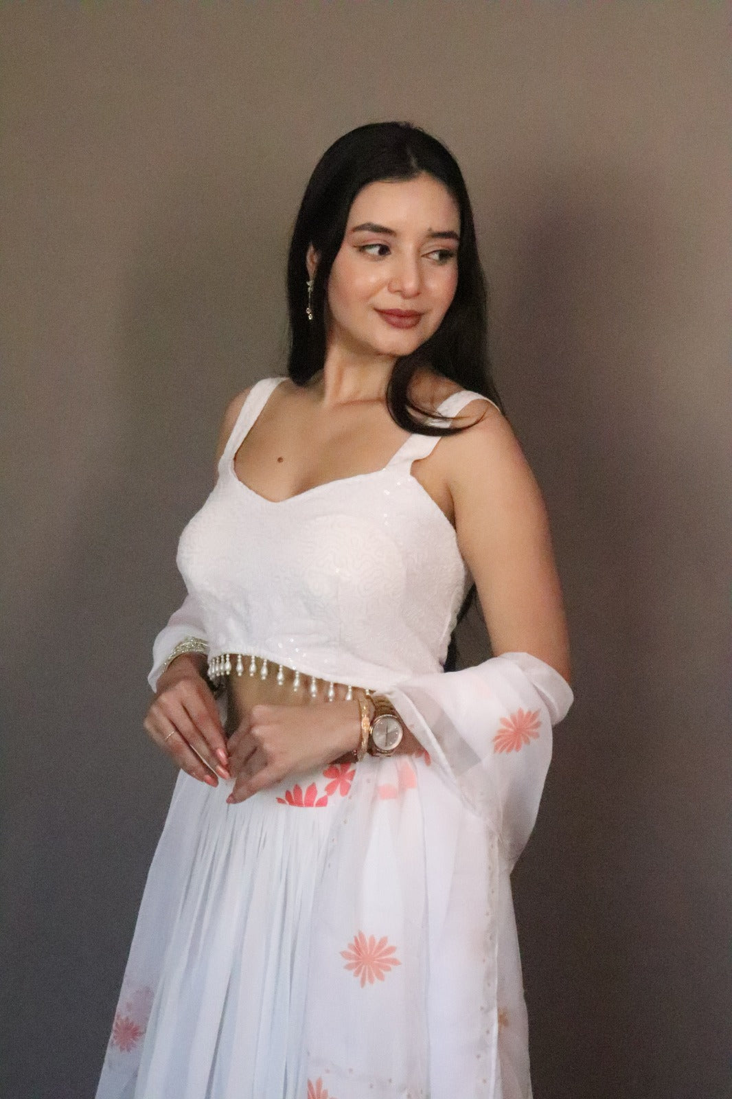 Coral Bloom White Georgette Lehenga Set for Women