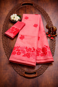 Coral Floral Linen Cotton Saree with Designer Border