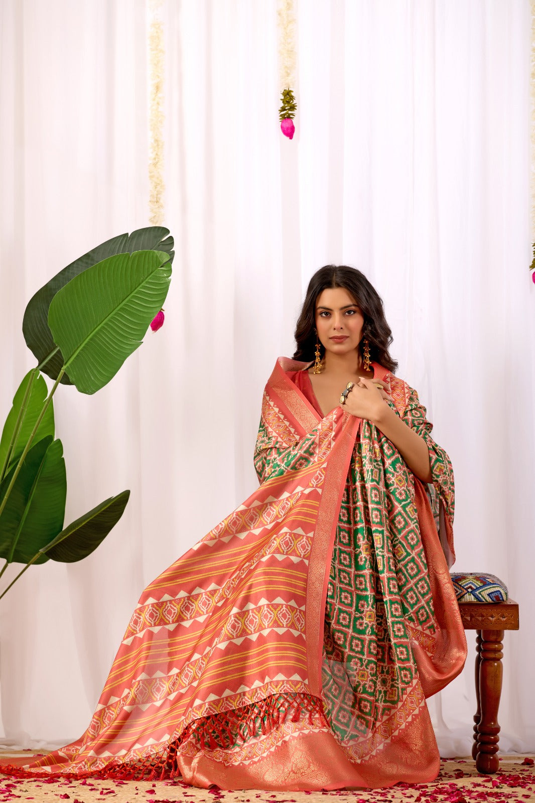 Coral Green Patola Print Lichi Silk Saree for Women