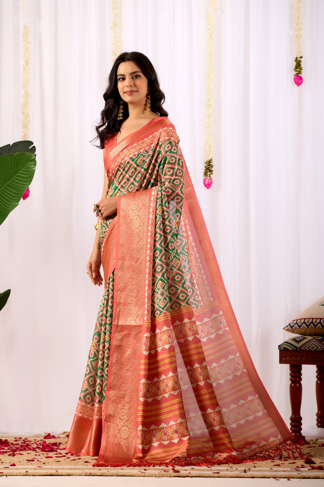 Coral Green Patola Silk Saree with Zari Border