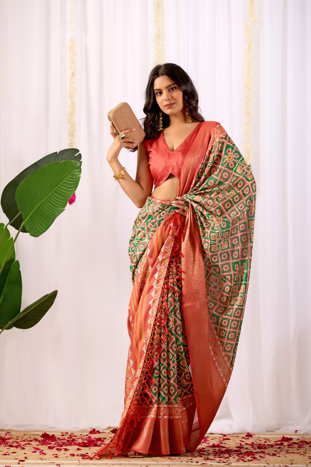 Coral Green Patola Silk Saree with Zari Border for Women