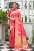 Coral Red Lichi Silk Saree with Rich Golden Zari Work for Women
