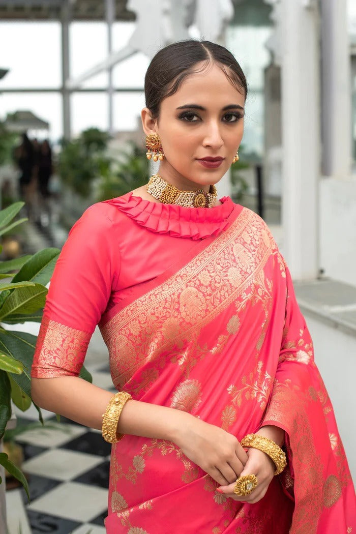 Coral Red Lichi Silk Saree with Rich Golden Zari Work for Women