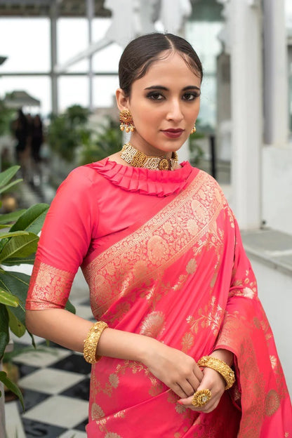 Coral Red Lichi Silk Saree with Rich Golden Zari Work for Women