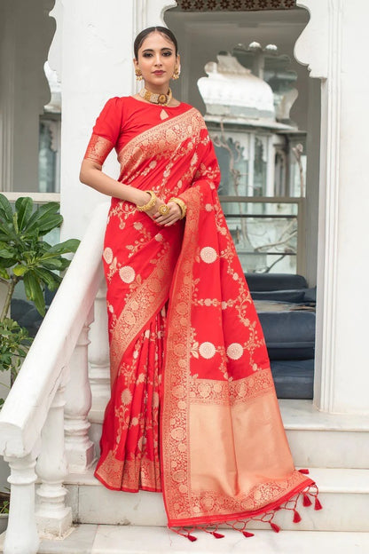 Coral Red Lichi Silk Saree with Rich Golden Zari Work for Women