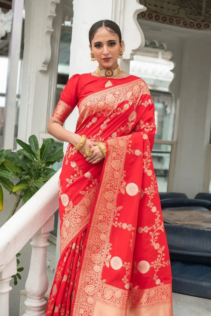 Coral Red Lichi Silk Saree with Rich Golden Zari Work for Women