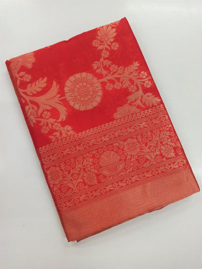 Coral Red Lichi Silk Saree with Rich Golden Zari Work for Women