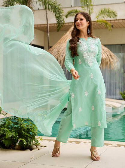 Cotton Embroidered Kurti Pant Set with Nylon Dupatta for Women