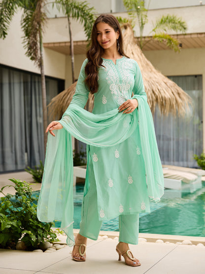 Cotton Embroidered Kurti Pant Set with Nylon Dupatta for Women