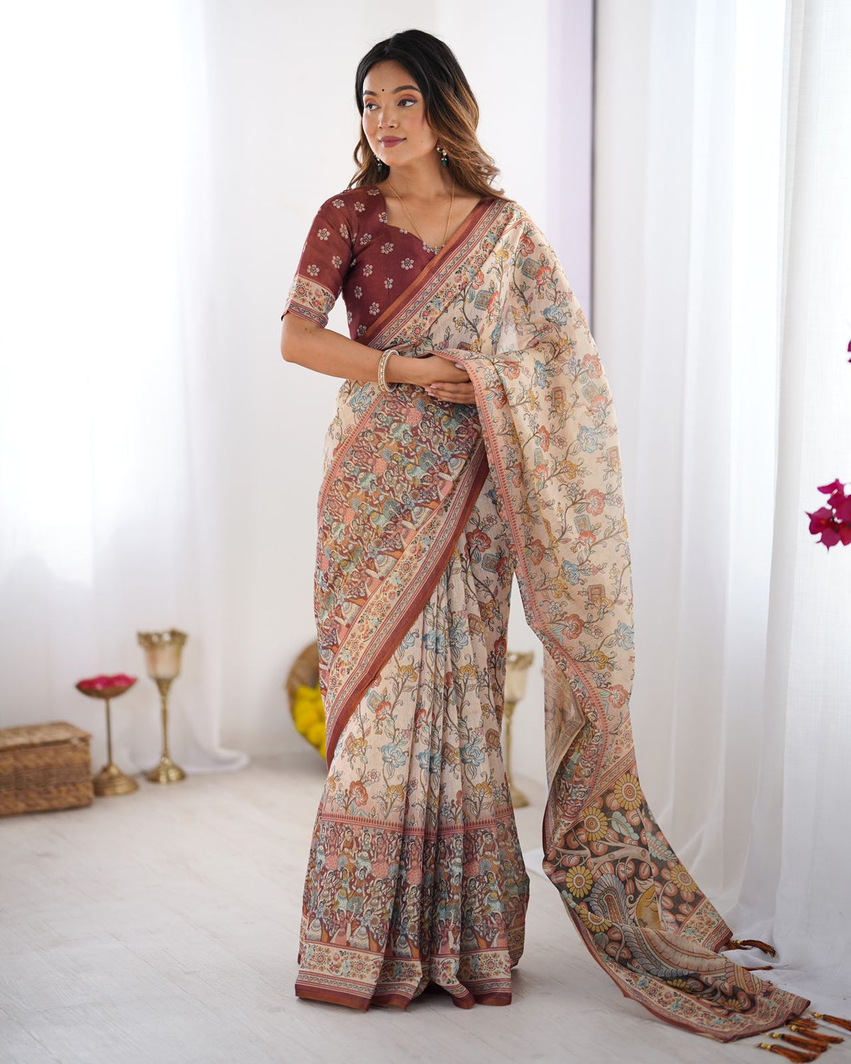 Premium Beige Cotton Handloom Saree with Maroon Ethnic Border and