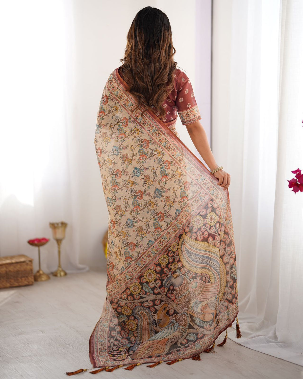 Premium Beige Cotton Handloom Saree with Maroon Ethnic Border and