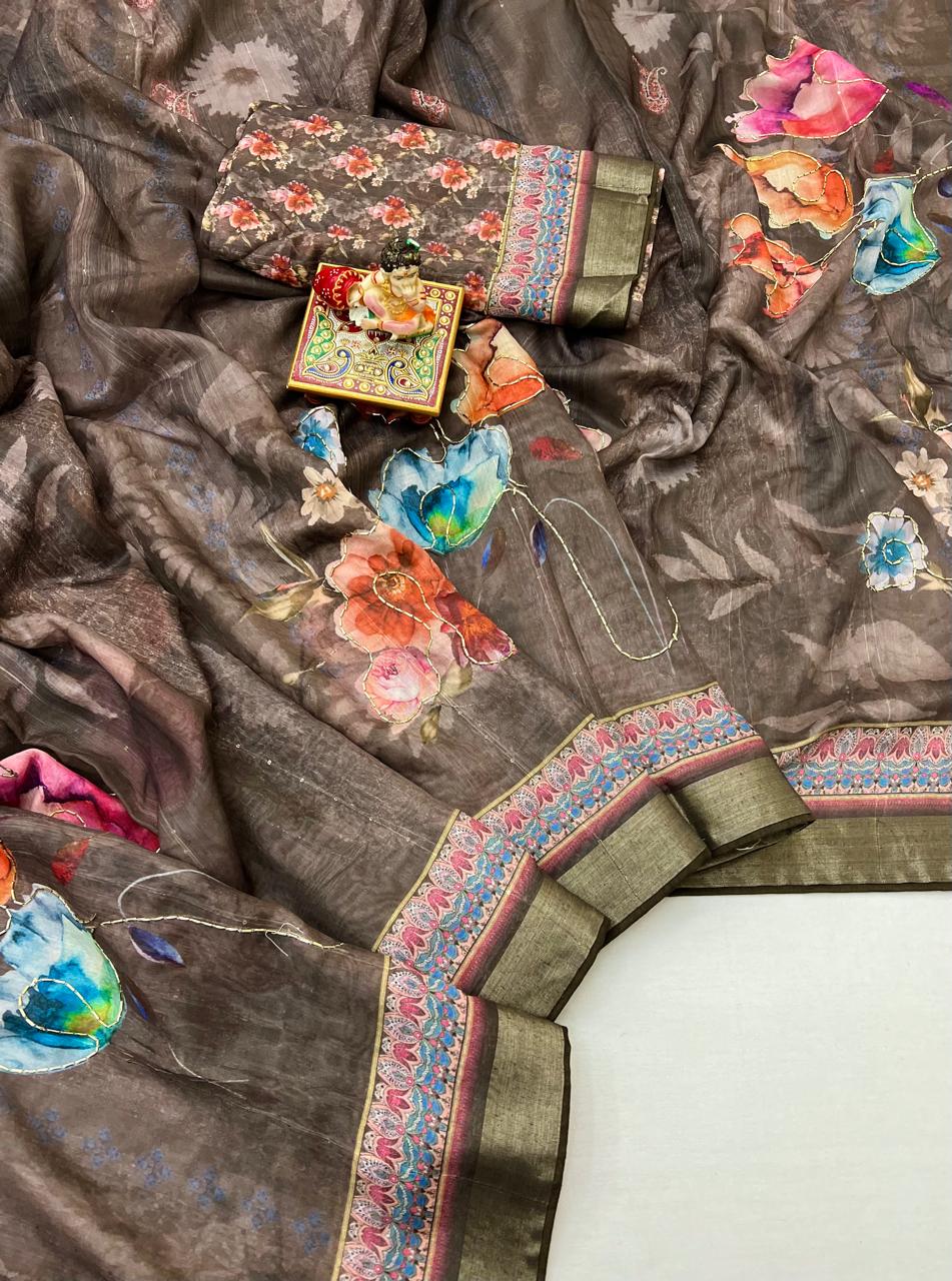 Soft Cotton Taupe Brown Floral Saree With Border for Women