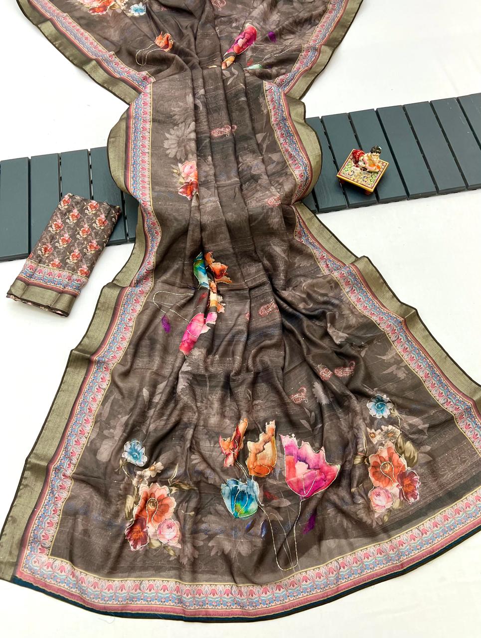 Soft Cotton Taupe Brown Floral Saree With Border for Women